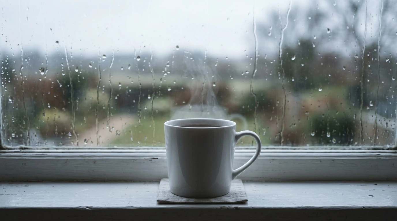 Nahaufnahme einer Tasse Tee auf einem Fensterbrett mit Regentropfen dahinter — symbolisch für einen schweren Tag und kleine Momente der Ruhe