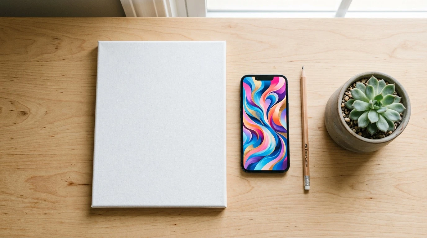 ChatGPT Bilder erstellen: Flat-lay mit Smartphone und buntem KI-generierten Bild neben leerer Leinwand — Bildgenerierung mit DALL-E erklärt