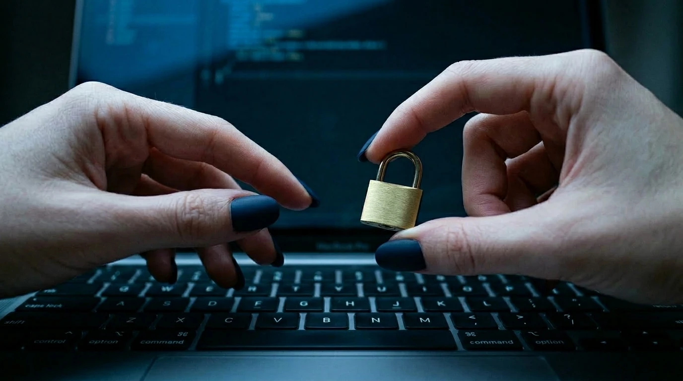 KI und Datenschutz: Nahaufnahme Hände über Laptop-Tastatur mit goldenem Schloss — ChatGPT sicher und DSGVO-konform nutzen