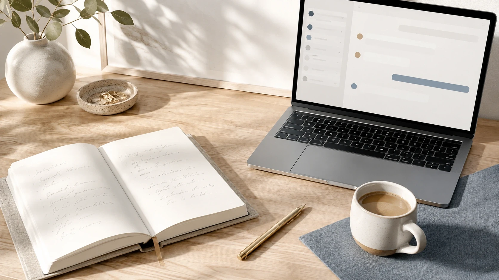 Aufgeschlagenes Notizbuch mit KI-Begriffen und ein Laptop auf einem Holztisch, KI-Wörterbuch für Einsteigerinnen