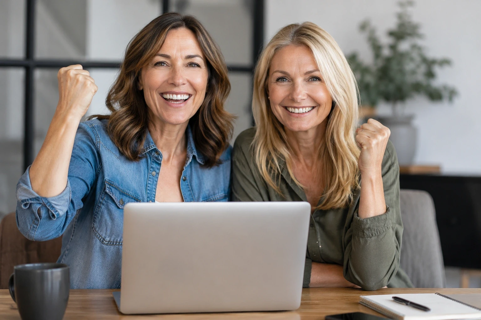 Frauen ab 40 und KI: Drei Frauen zwischen 45 und 60 schauen neugierig gemeinsam auf einen Laptop — KI-Kompetenz trifft Lebenserfahrung