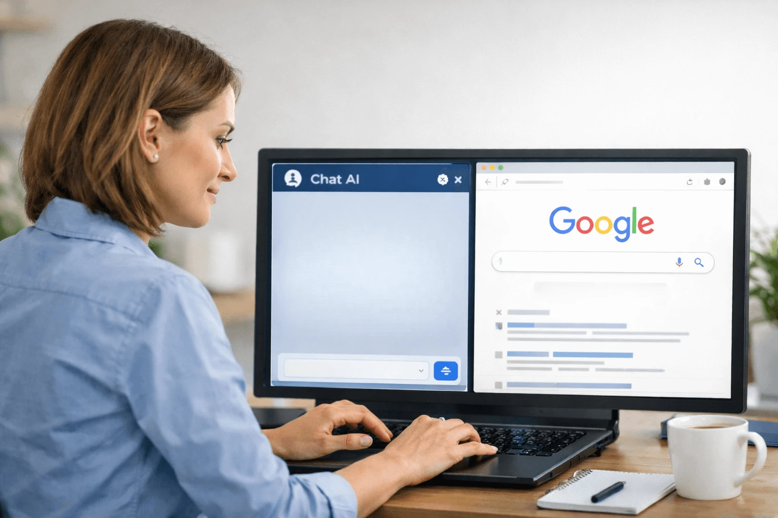 Frau nutzt ChatGPT am Laptop — Unterschied zwischen KI und Google Suchmaschine