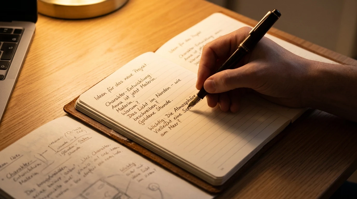 KI meinen Schreibstil beibringen: Nahaufnahme Hand schreibt mit Füller in Notizbuch neben Laptop-Tastatur — eigene Stimme in ChatGPT