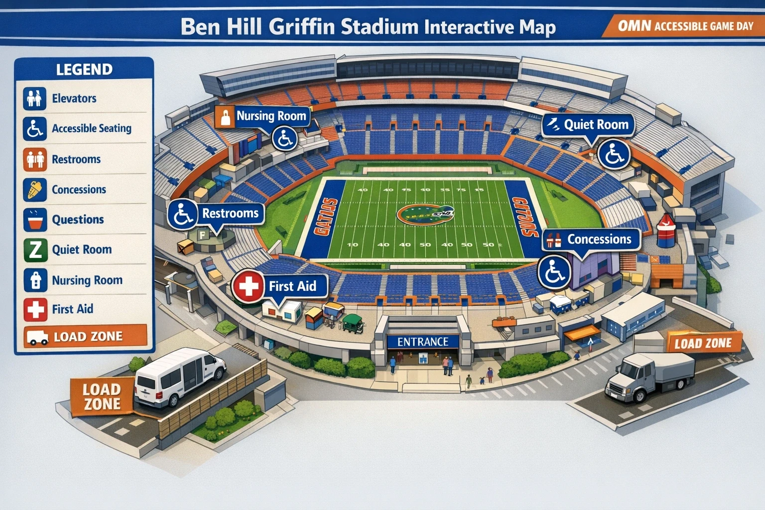 Wide view of a packed stadium with accessible seating areas highlighted