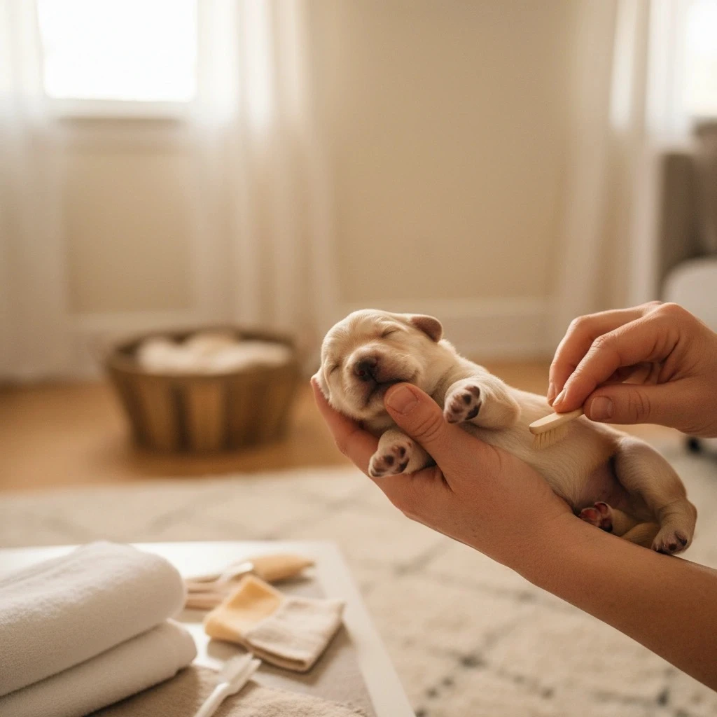 Happy Cavapoo puppy playing with family