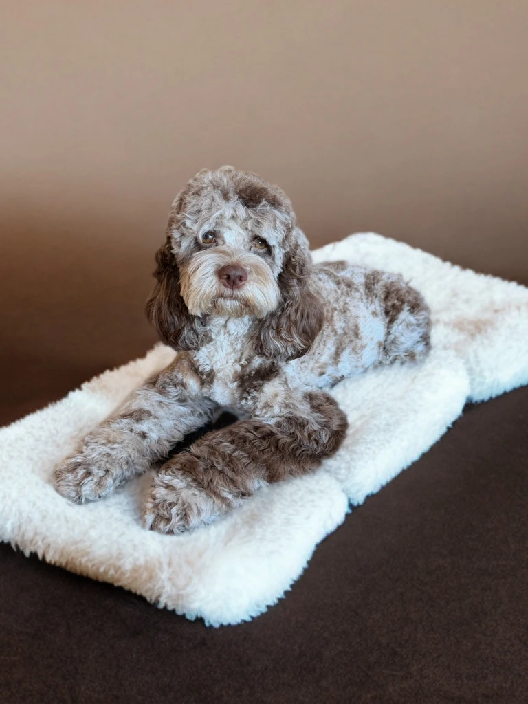 Golden doodle puppy in soft natural light