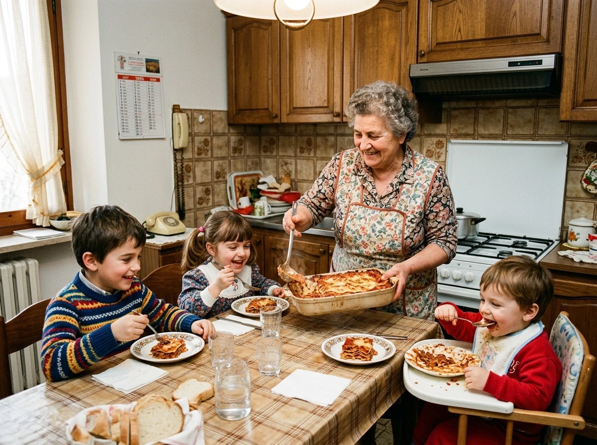 Une grand-mère qui sert ses lasagnes