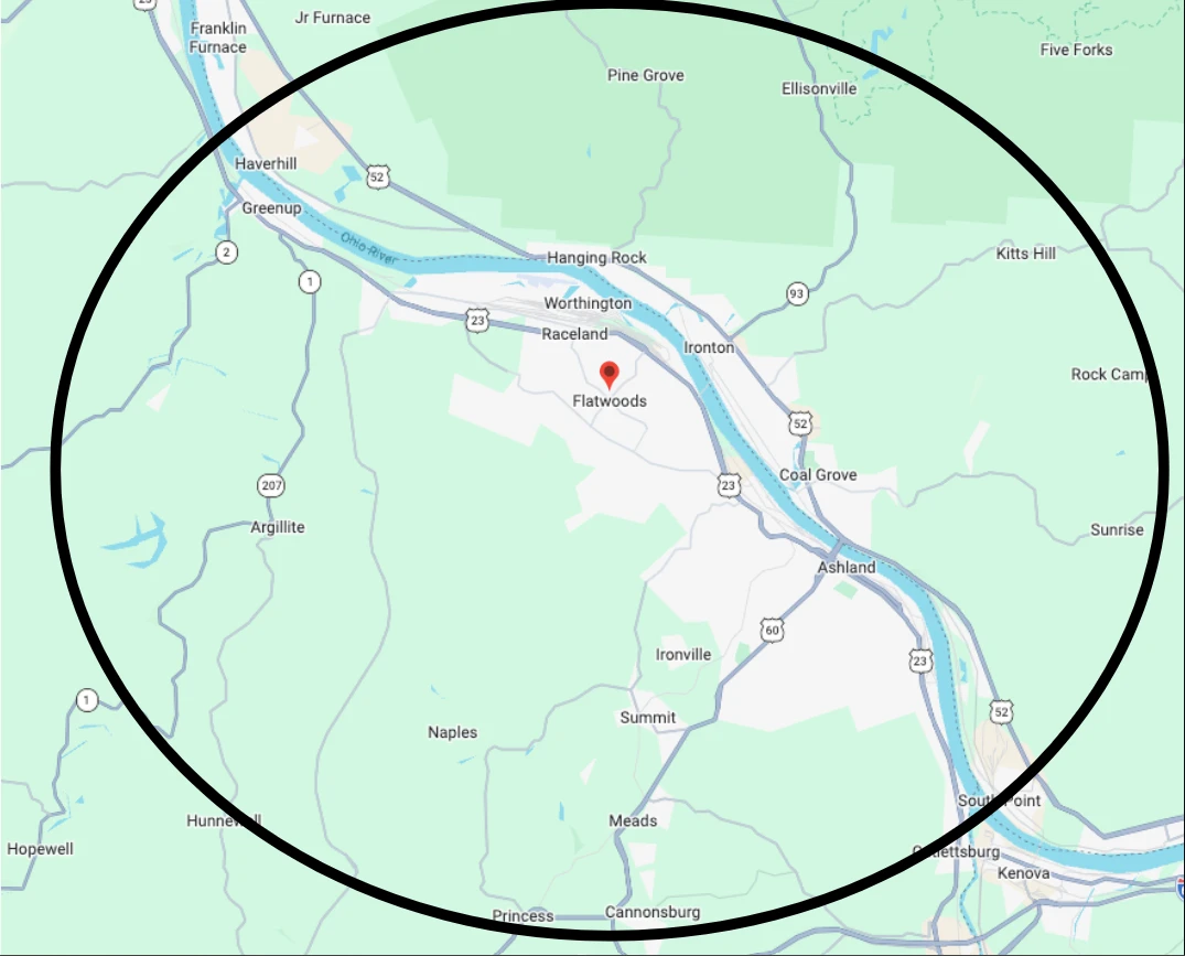 Service area expansion map showing 40 mile radius around Flatwoods, Kentucky