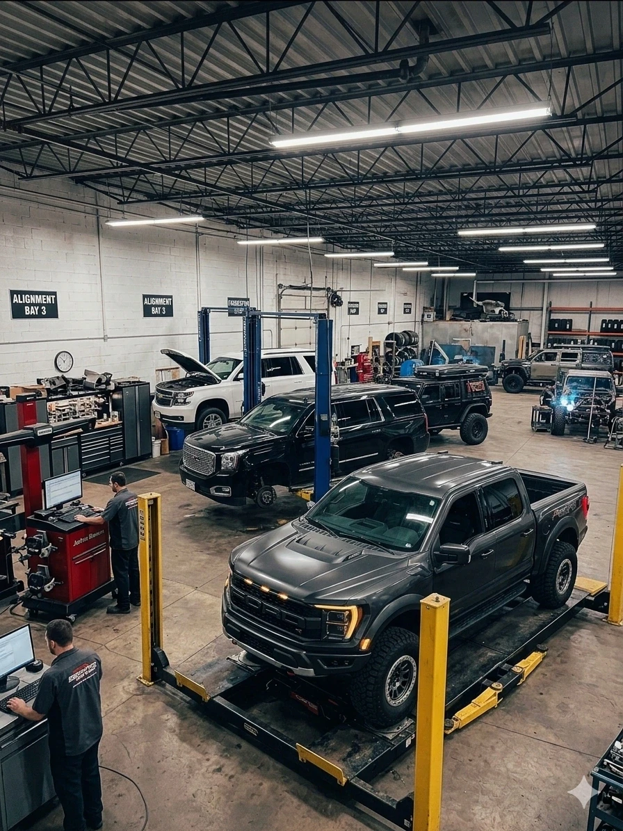 Professional mechanic inspecting a car engine in a clean, modern auto shop