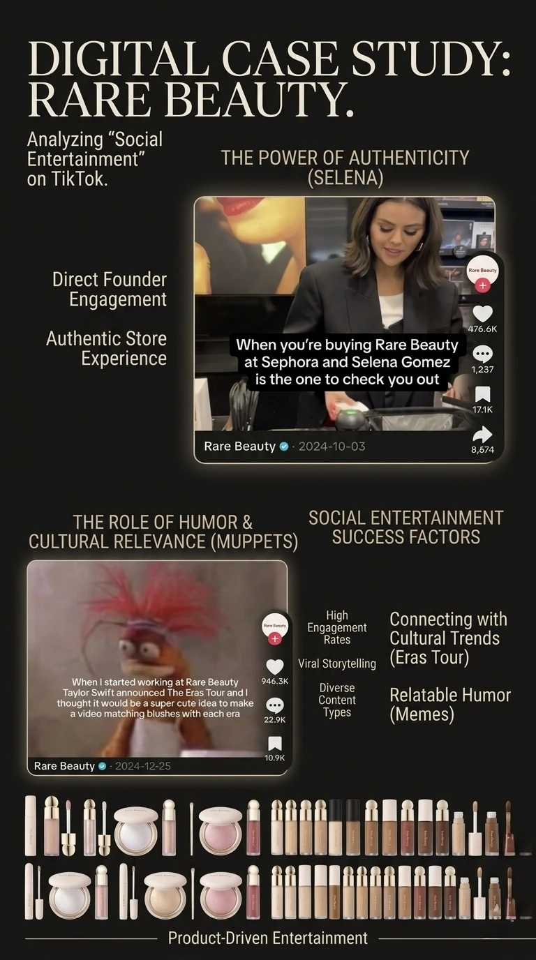 Figure 10. Social entertainment on TikTok: Rare Beauty's creator-led and entertainment-focused content. Source: TikTok / author's compilation.