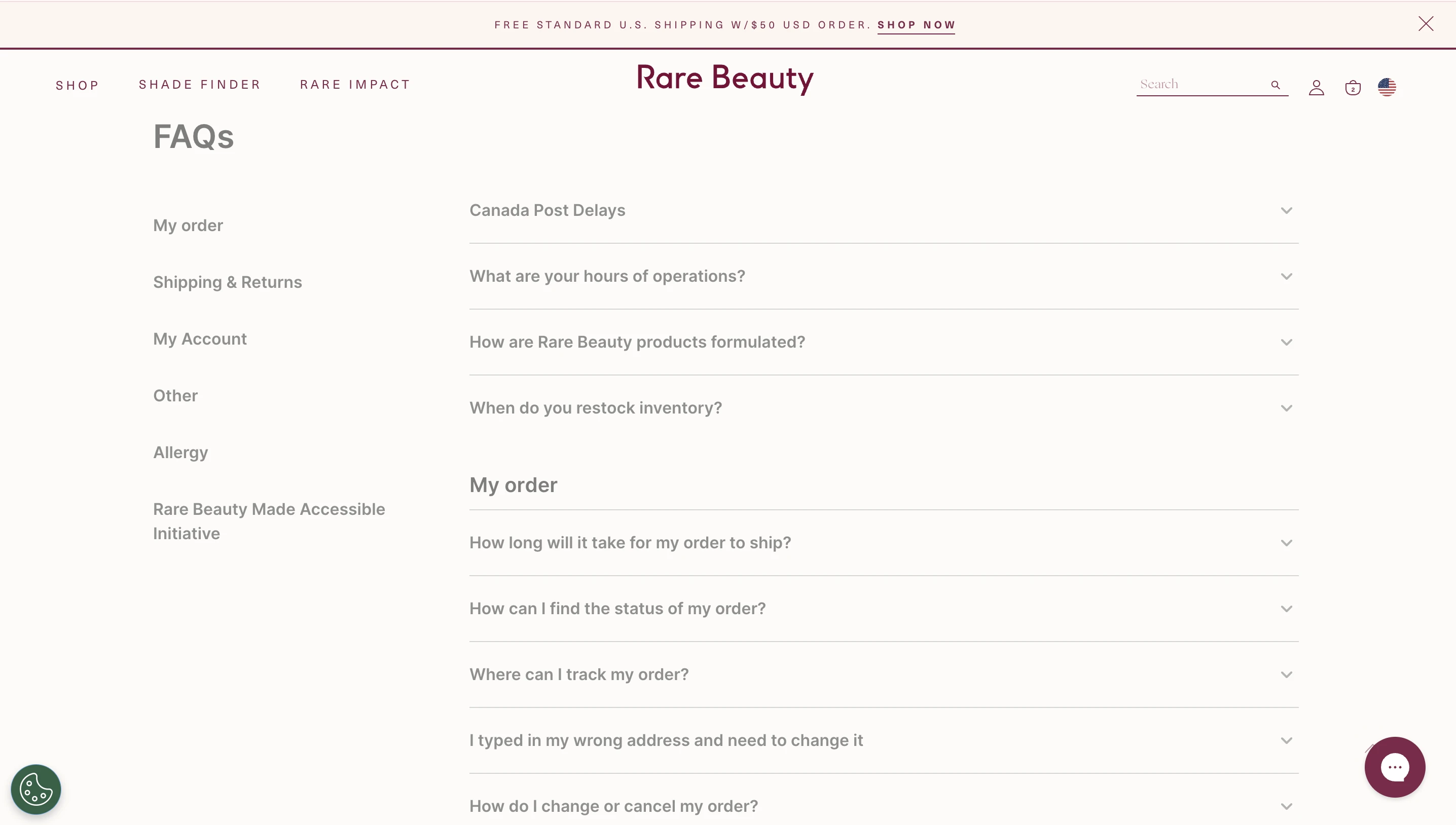 Figure 15: Rare Beauty support, FAQ and policy visibility