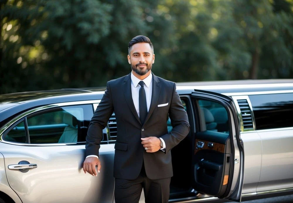 A professional chauffeur in a crisp suit by a black sedan