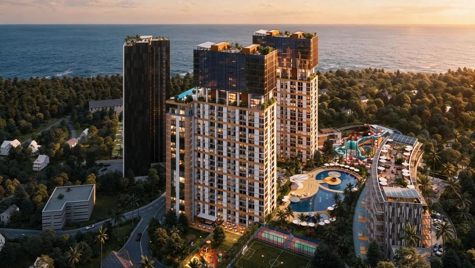 Aquapark by Mercure towers at sunset above the Black Sea with the water park - photo 2