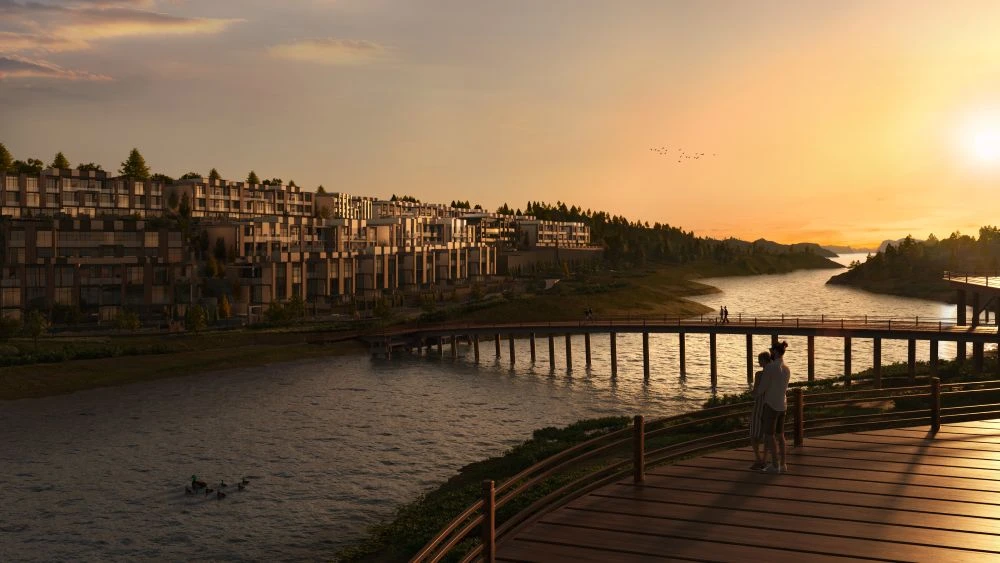 Sunset over the Afra Park waterfront and boardwalk