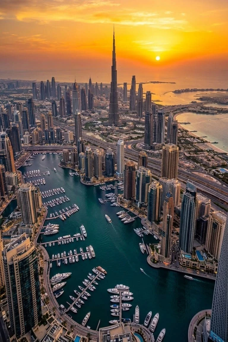 Emirates Towers and Dubai Skyline in Clouds