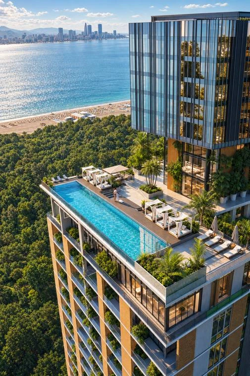 Aquapark by Mercure towers at sunset above the Black Sea with the water park
