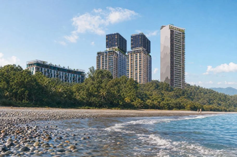 Aerial view of the Aqua Residence towers with rooftop pools beside the Black Sea coast - photo 2