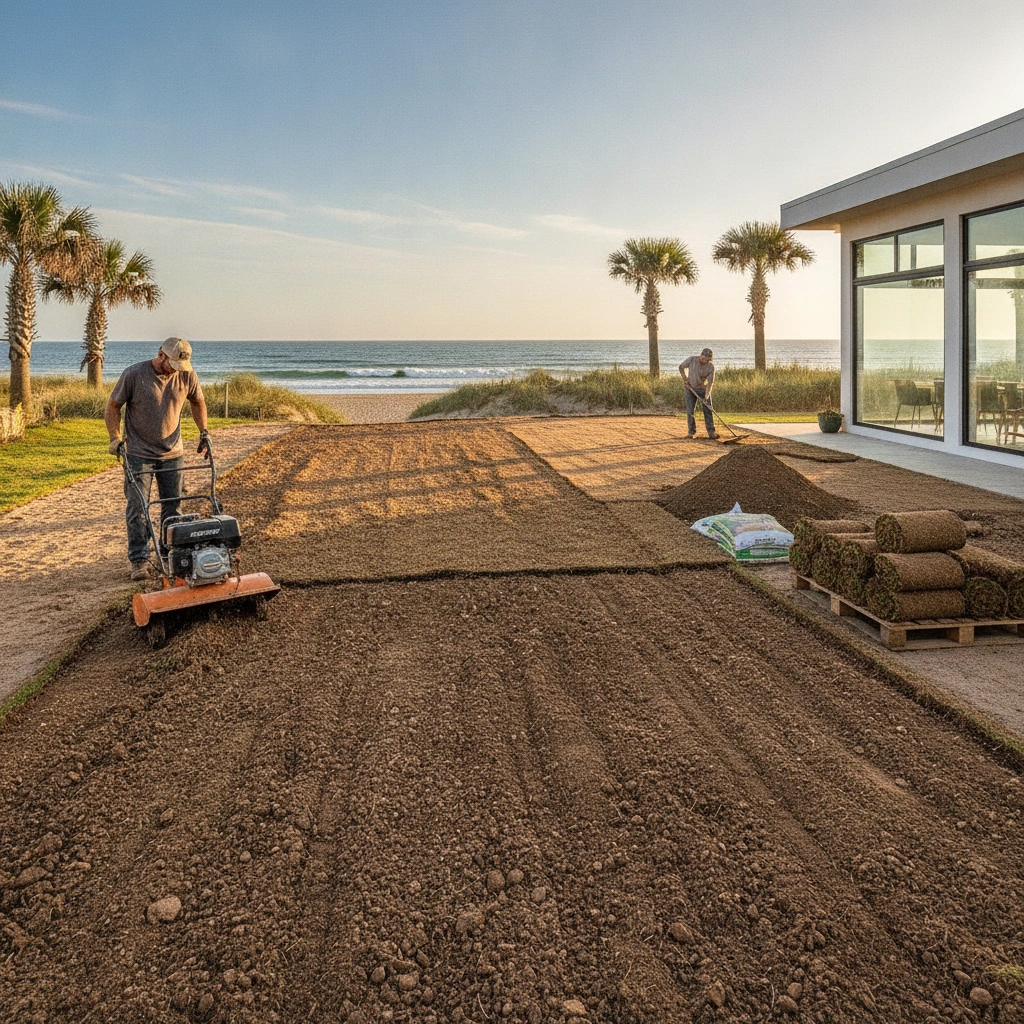 Professional sod installation team preparing soil