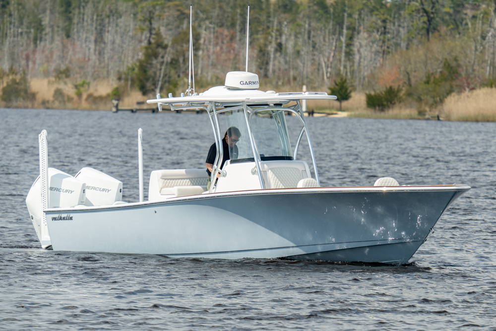 The Valhalla 29 Hybrid is powered by twin Mercury 300-hp Verado outboards.