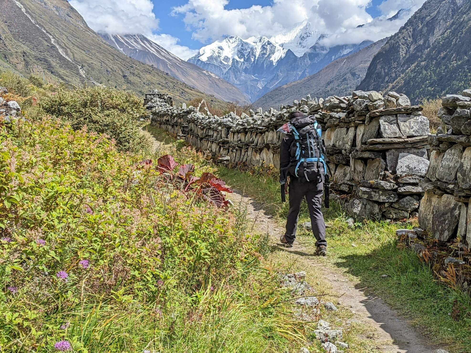 A trekker with a backpack traverses through the terrains of Langtang.