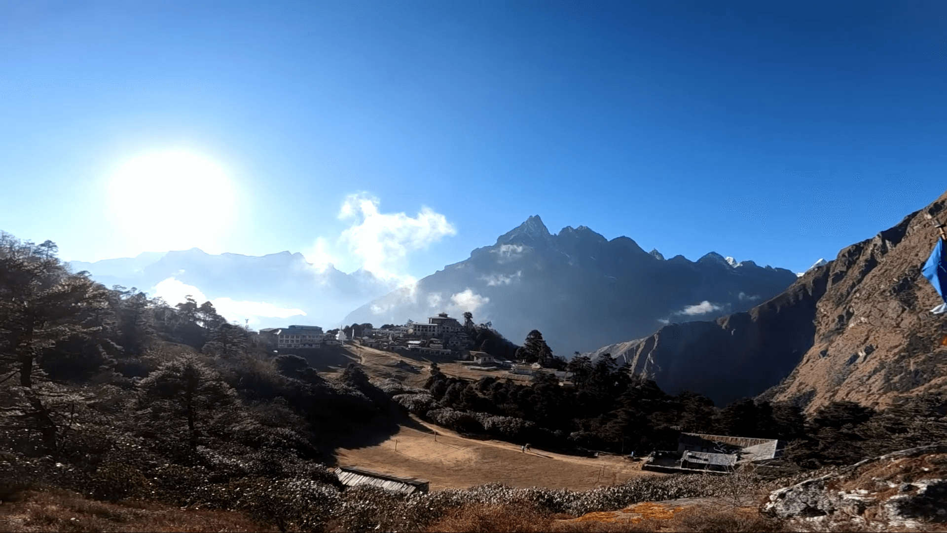 Wide panoramic view of Tengboche Monastery and surroundings