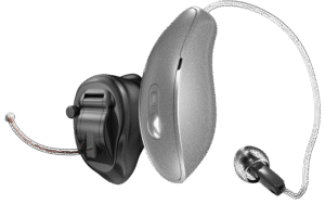 Two modern hearing aids, one behind-the-ear and one in-the-ear style, shown side by side.