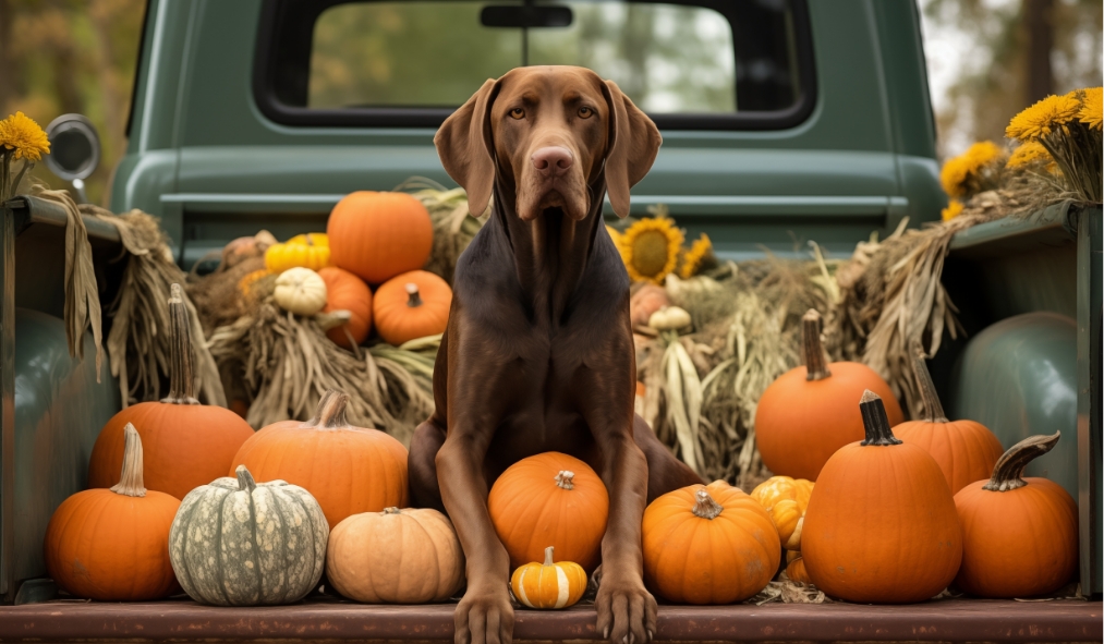 events autumn dog hound posing with pumpkins on truck bed