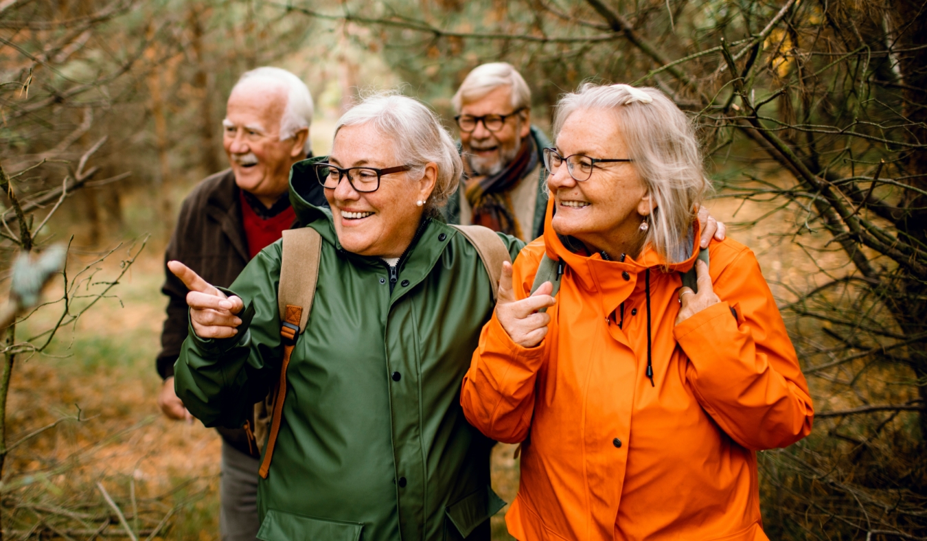 elderly friends smiling and hiking in the forest during autumn