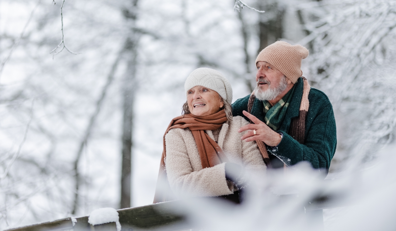 senior couple walking in the snowy park