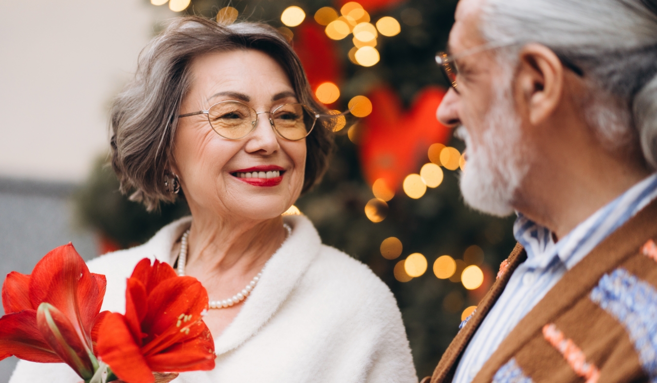 husband giving wife flowers