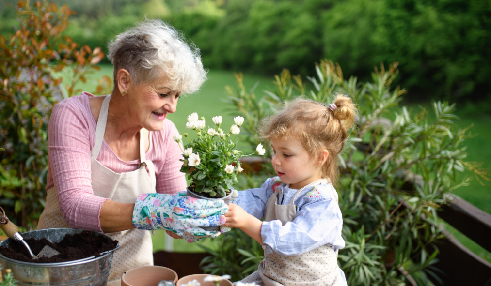 spring grandmother granddaughter gardening
