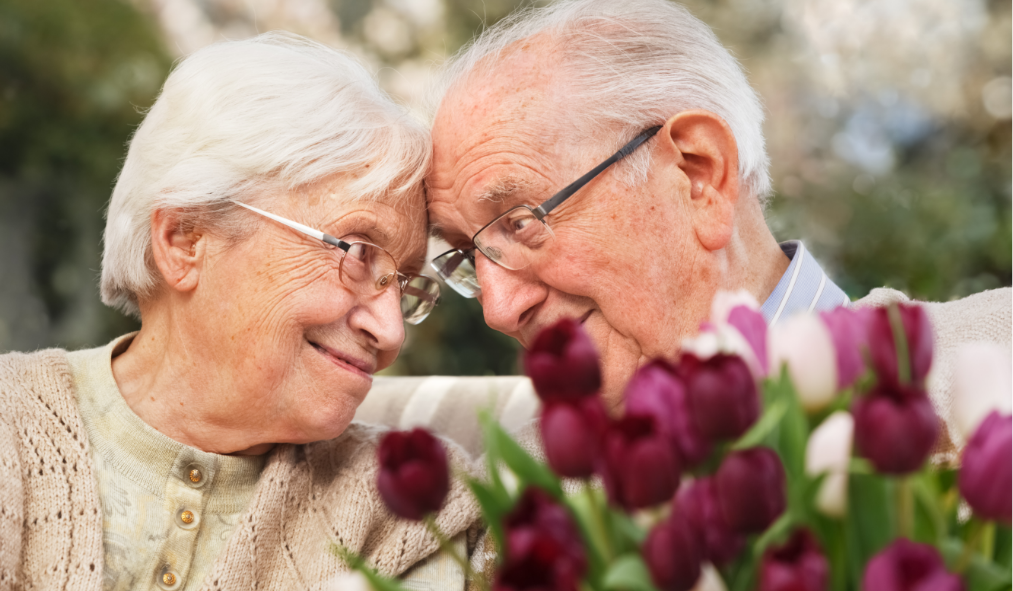 spring senior couple staring into eyes holding tulips