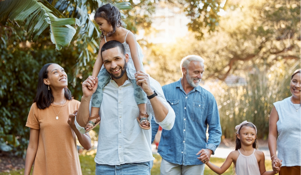 summer mixed family walking enjoying weather