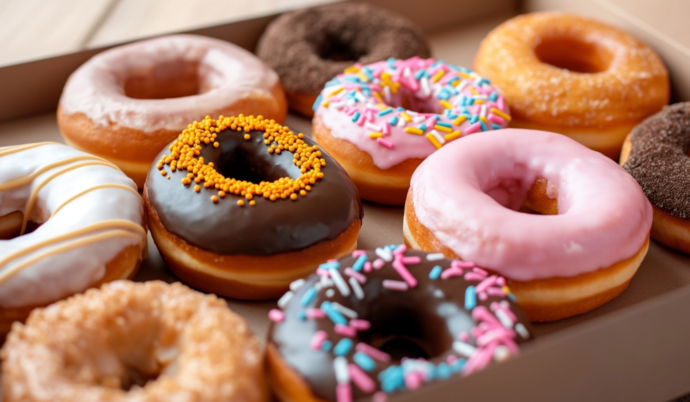 events glazed and decorated donuts in a box