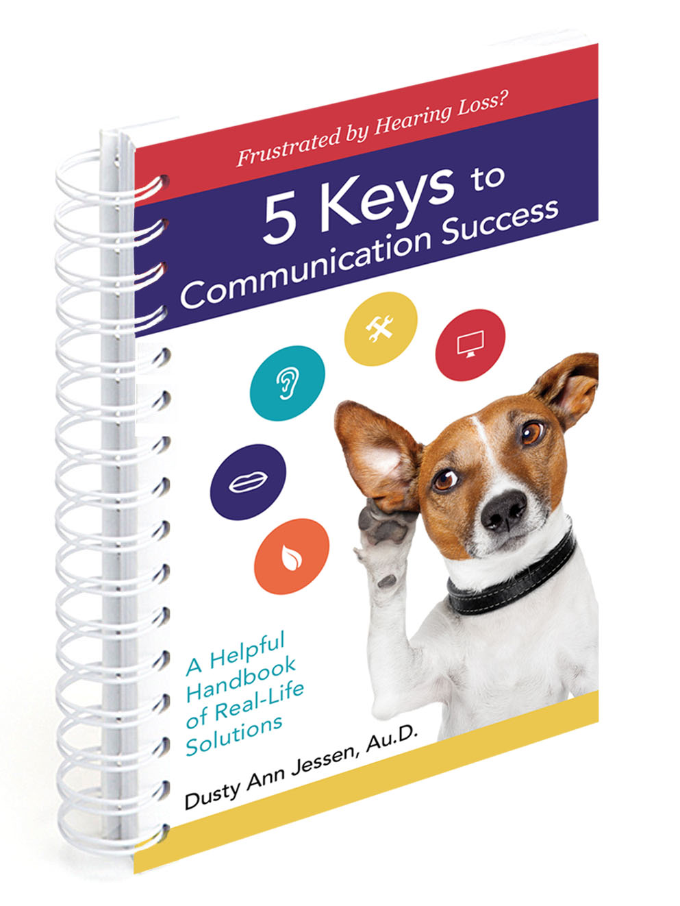 Spiral-bound booklet cover titled “5 Keys to Communication Success” with a brown-and-white dog and icon circles