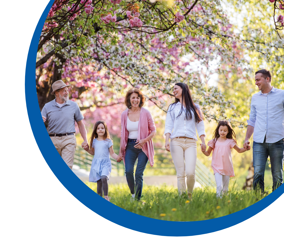 banner spring three generation family walking outside in spring nature