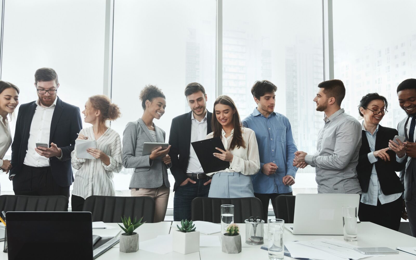 group of employees talking