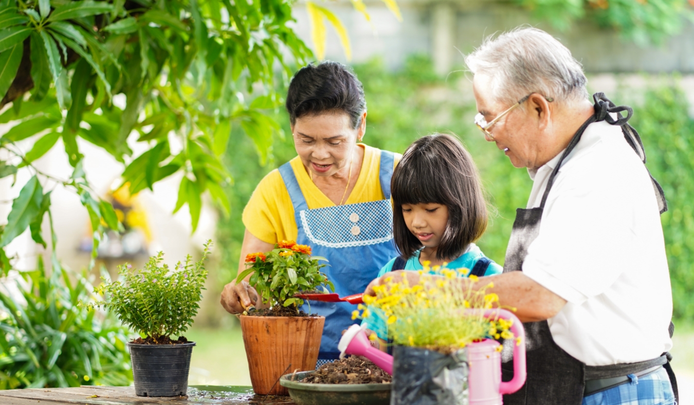 asian family planting spring flowers together