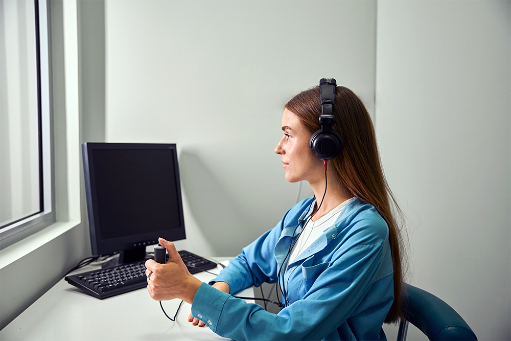 hearing test young woman in booth