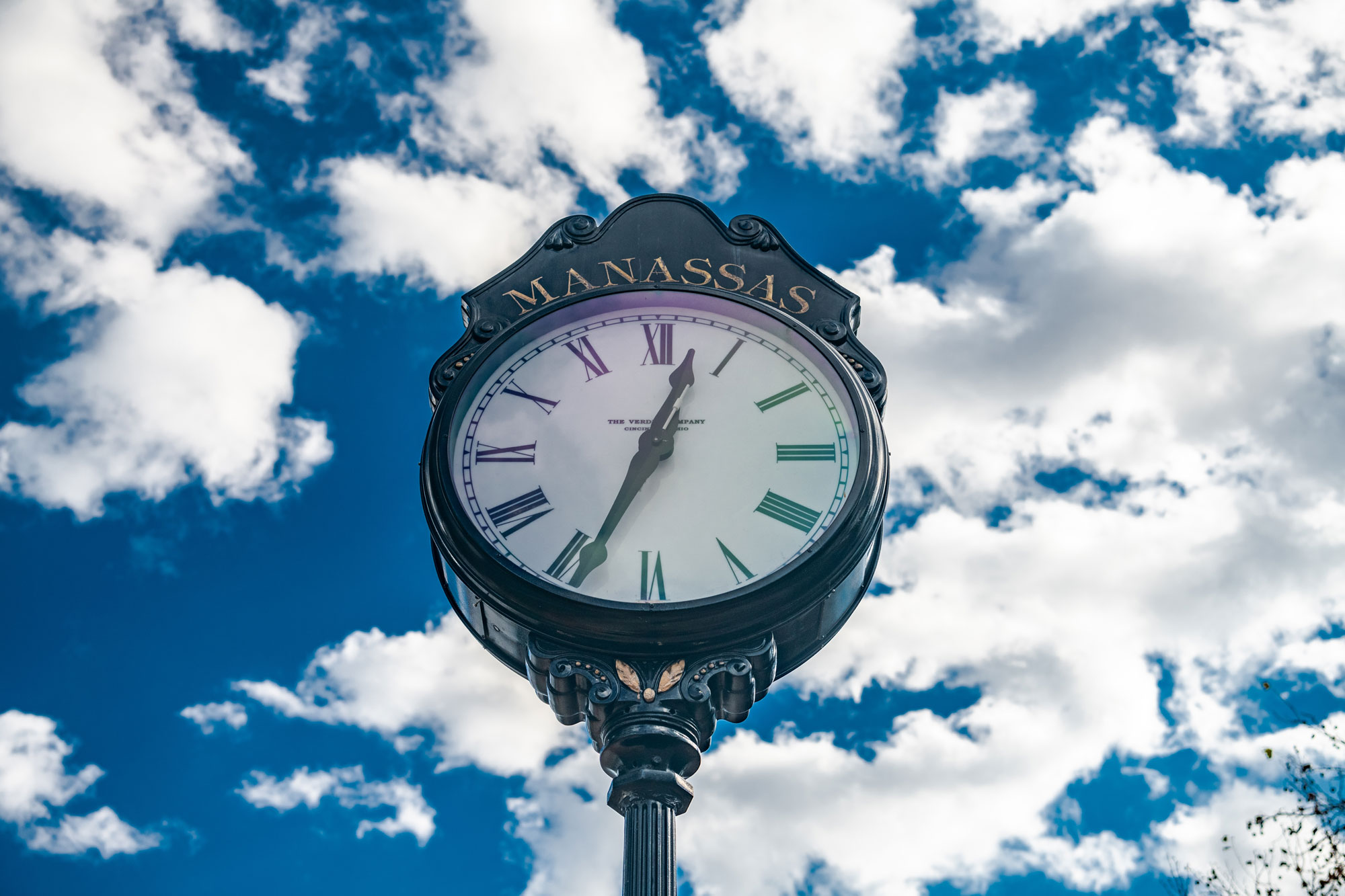 Clouds and sky over Manassas with city clock