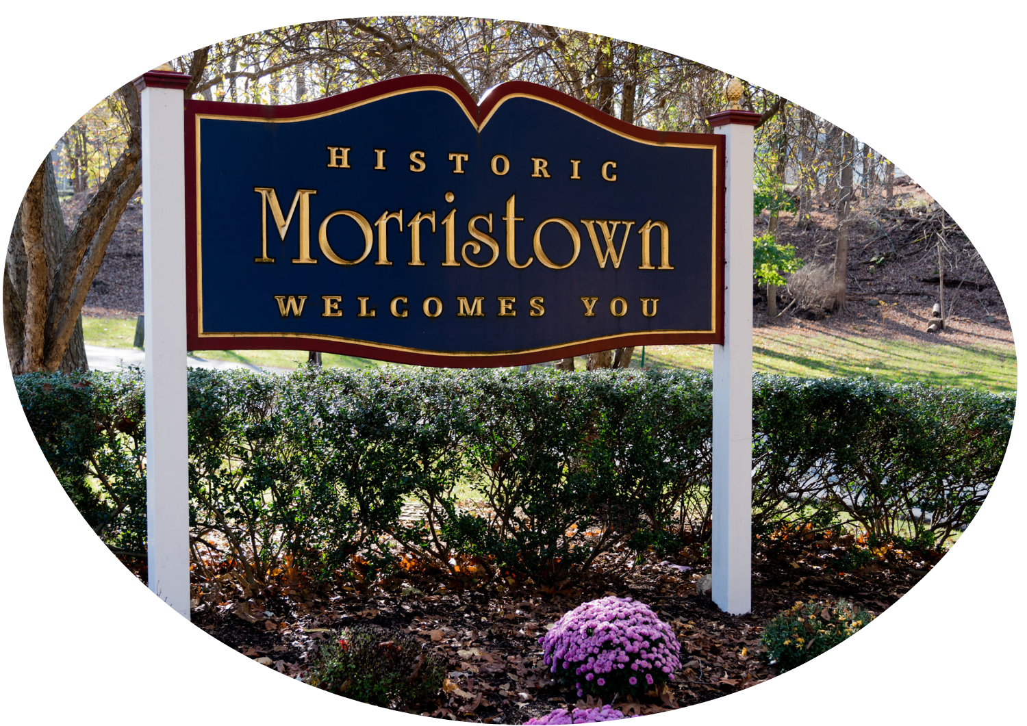 hero historic morristown welcomes you blue red and gold leaf sign