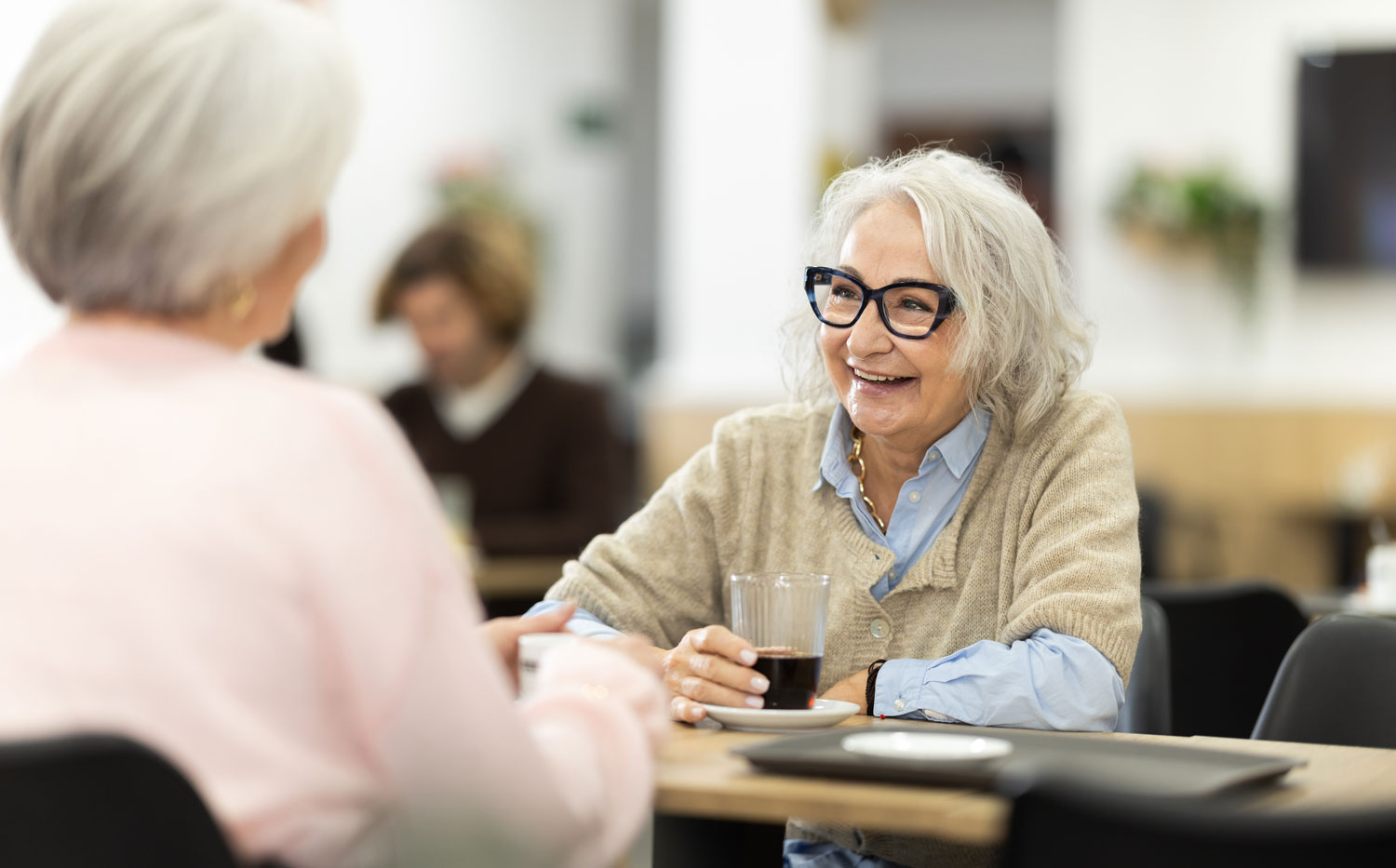 senior women in cafe has nice conversation and discusses news of day