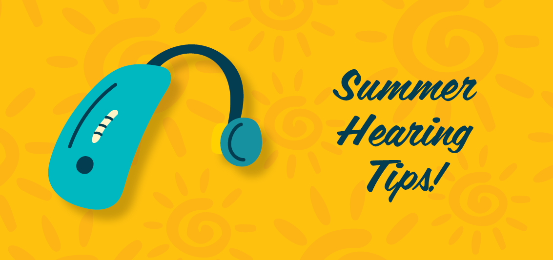 Hearing aid illustration with text "Summer Hearing Tips!" on a yellow background with sun patterns.