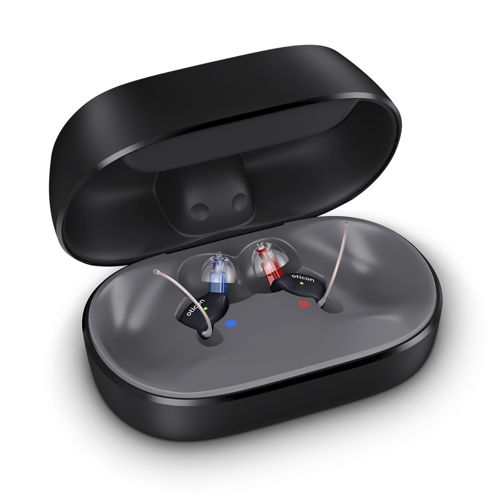 oticon zeal smart charger nxtCIC angled open charger case with product