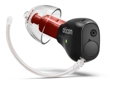 Oticon Zeal nxtCIC H2 2025 Right C117MatteBlack Speaker75 BassDomeDV TRANSPARENCY Angled 500pctSize w shadow