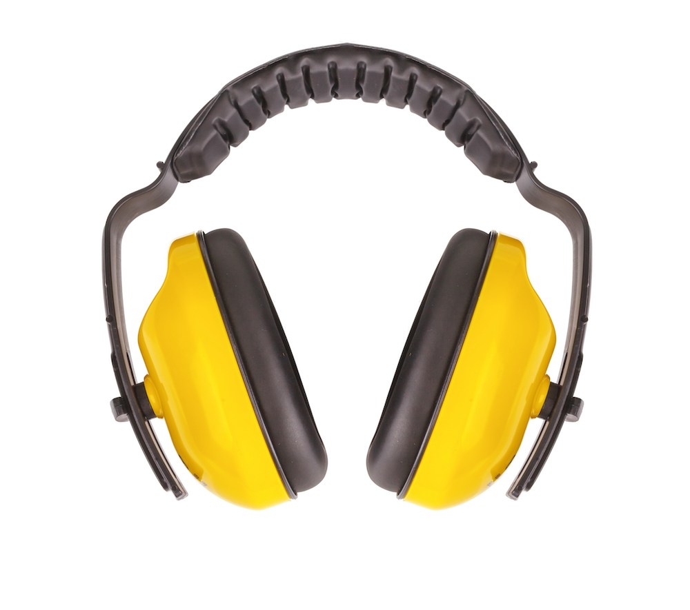 yellow over the head hearing protection on white background