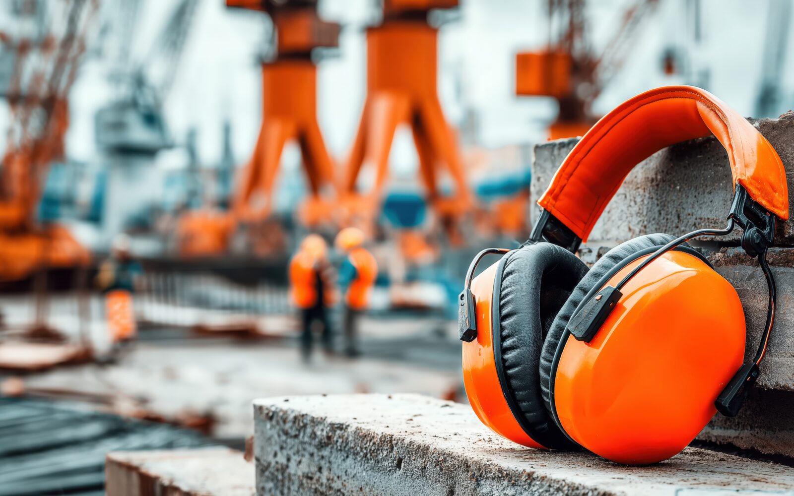 Bright orange protective earmuffs on concrete at construction site with heavy machinery and workers in blurred background, symbolizing hearing safety