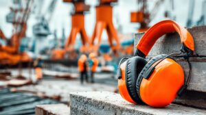 Bright orange protective earmuffs on concrete at construction site with heavy machinery and workers in blurred background, symbolizing hearing safety