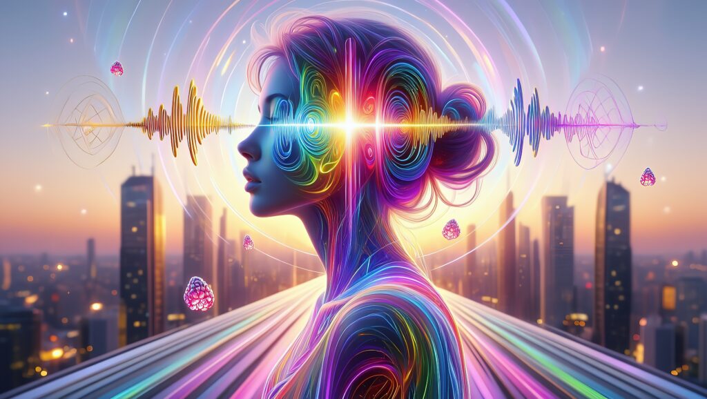 A glowing human silhouette with a dazzling synesthetic head burst radiates colors and energy against a modern city backdrop