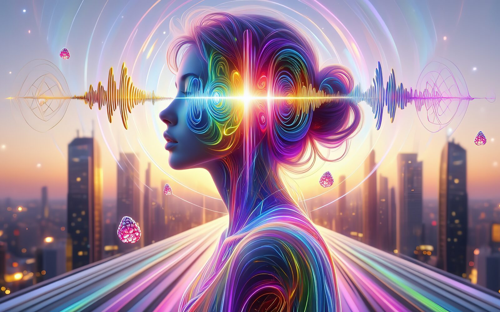 A glowing human silhouette with a dazzling synesthetic head burst radiates colors and energy against a modern city backdrop